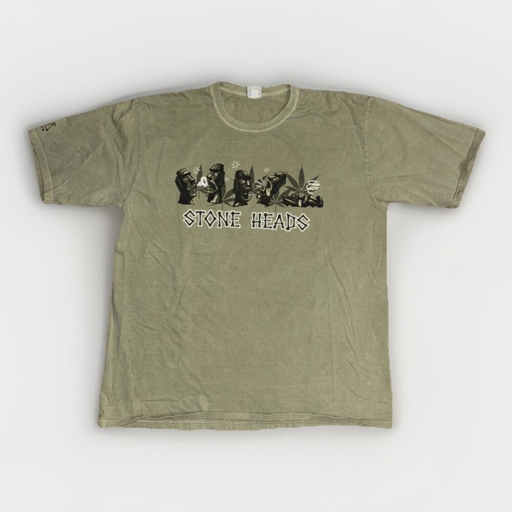 Vintage Crazy Shirts Stone Heads Surf Graphic Tee XL Green 24x30 Y2K 90s